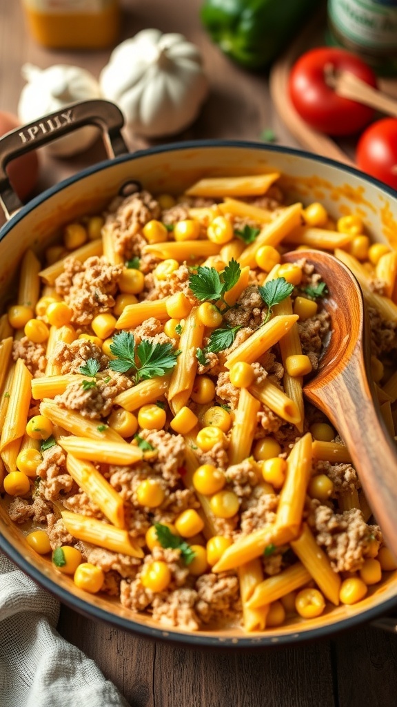 One pot creamy corn turkey pasta skillet with pasta, turkey, and corn in a creamy sauce, garnished with parsley.